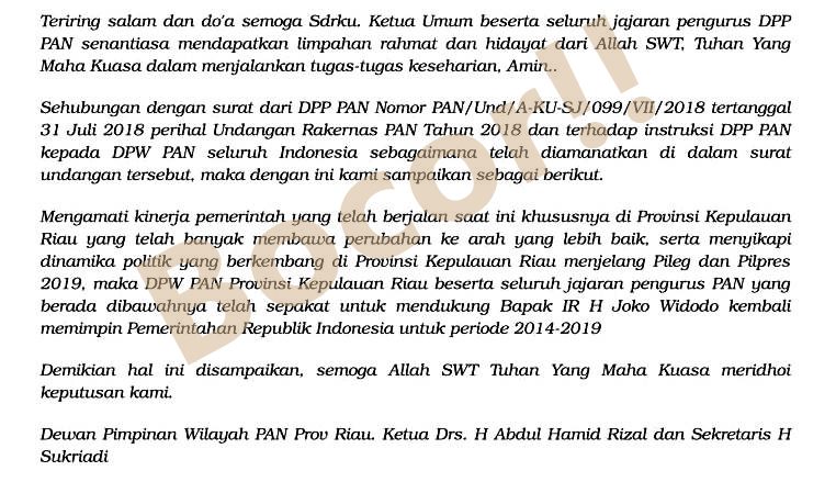 Bocor! Surat Dukungan PAN Kepulauan Riau Untuk Jokowi